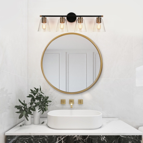 Gold and Polished Gold Bathroom Vanity Light, 30-in 4-Light Brass Gold and Black Bell LED Transitional Vanity Light
