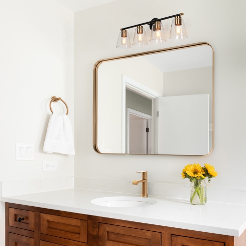 Gold and Polished Gold Bathroom Vanity Light, 30-in 4-Light Brass Gold and Black Bell LED Transitional Vanity Light
