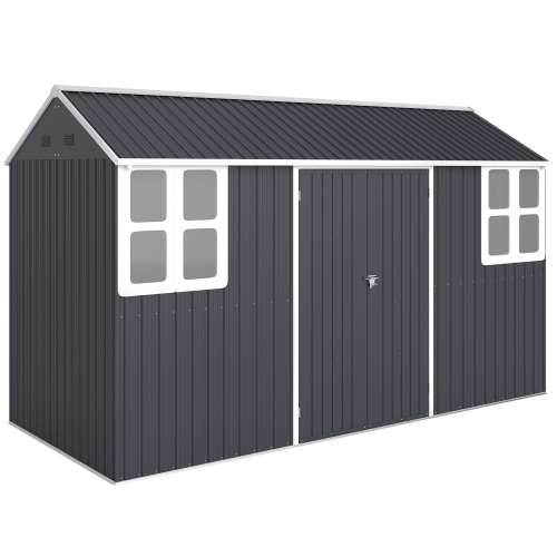 OUTSUNNY  12' X 5.5' Outdoor Storage Shed, Metal Garden Shed Storage House With Window, Lockable Door, Vents, for Backyard, Patio, Lawn, Dark In Grey