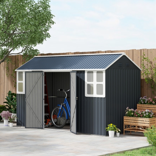 Outsunny 12' x 5.5' Outdoor Storage Shed, Metal Garden Shed Storage House with Window, Lockable Door, Vents, for Backyard, Patio, Lawn, Dark Grey