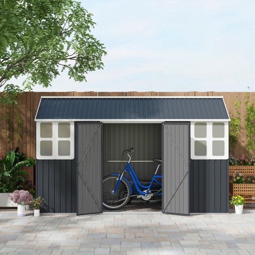 Outsunny 12' x 5.5' Outdoor Storage Shed, Metal Garden Shed Storage House with Window, Lockable Door, Vents, for Backyard, Patio, Lawn, Dark Grey
