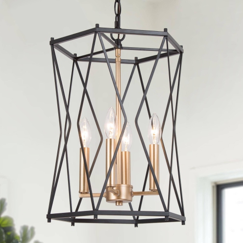 UOLFIN  Modern Dining Room Chandelier 12.5 In. 4-Light Antique Gold Modern Chandelier With Metal Wire Geometric Cage In Black