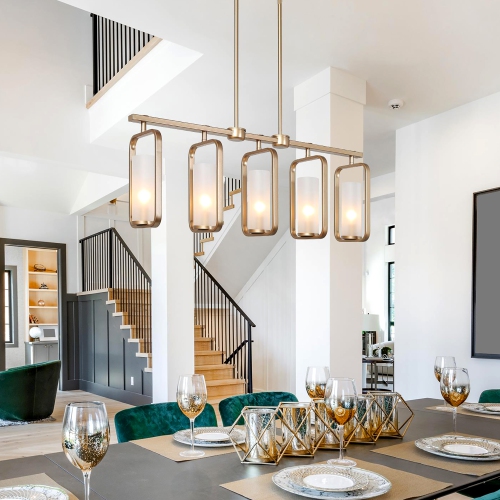 Mid-Century Modern Kitchen Island Linear Chandelier 5-Light Brass Gold Chandelier with White Frosted Glass Shades