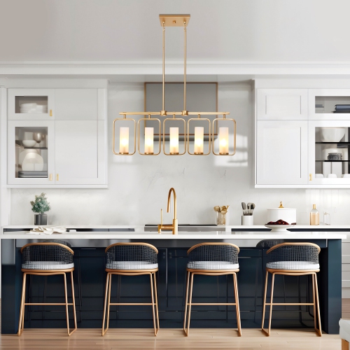 Mid-Century Modern Kitchen Island Linear Chandelier 5-Light Brass Gold Chandelier with White Frosted Glass Shades