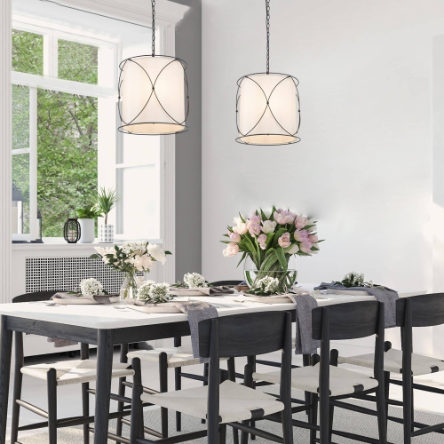 Modern Drum Island Chandelier Pendant Light Kagome 3-Light Matte Black Cage Chandelier Light with Fabric Shade