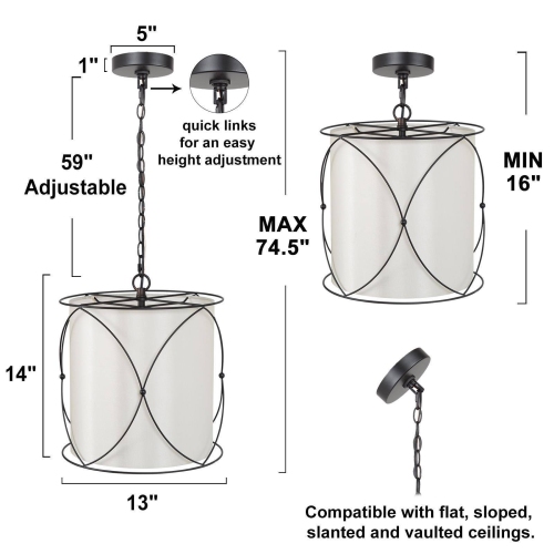 Modern Drum Island Chandelier Pendant Light Kagome 3-Light Matte Black Cage Chandelier Light with Fabric Shade