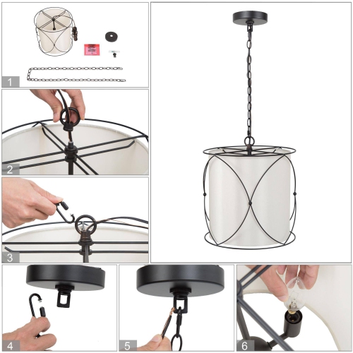 Modern Drum Island Chandelier Pendant Light Kagome 3-Light Matte Black Cage Chandelier Light with Fabric Shade