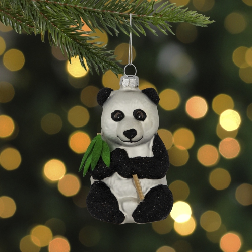 Glittered Panda Bear Glass Christmas Hanging Ornament - 4" - Black and White
