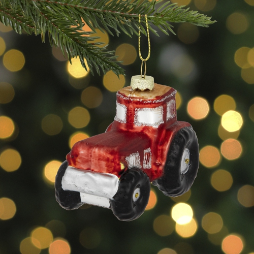 Tractor Glass Christmas Ornament - 3.5" - Red and Gold