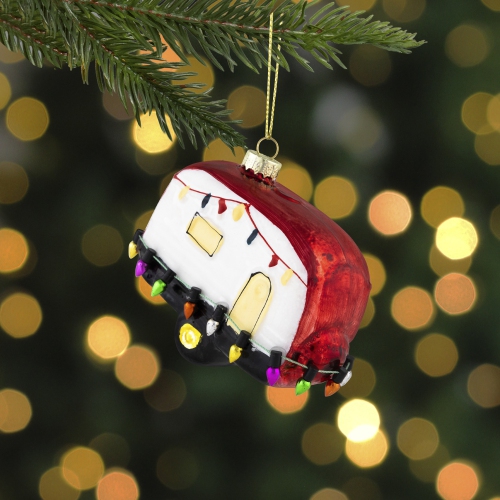 Decked Out Holiday Camper Glass Christmas Ornament - 3" - White and Red