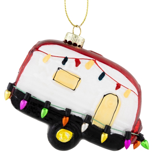 Decked Out Holiday Camper Glass Christmas Ornament - 3" - White and Red