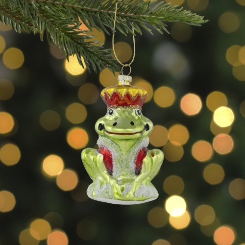 Prince Frog Glass Christmas Hanging Ornament - 3.5" - Lime Green and Red
