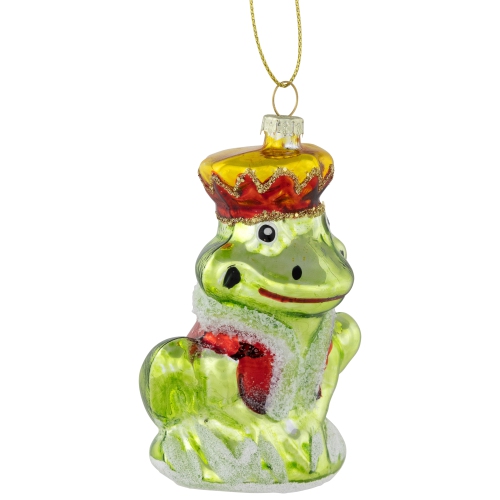Prince Frog Glass Christmas Hanging Ornament - 3.5" - Lime Green and Red