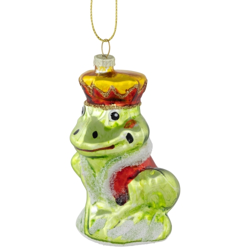 Prince Frog Glass Christmas Hanging Ornament - 3.5" - Lime Green and Red