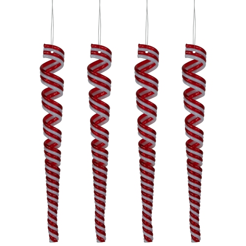 NORTHLIGHT  Pack Of 4 And White Candy Curls Christmas Ornaments 7" In Red