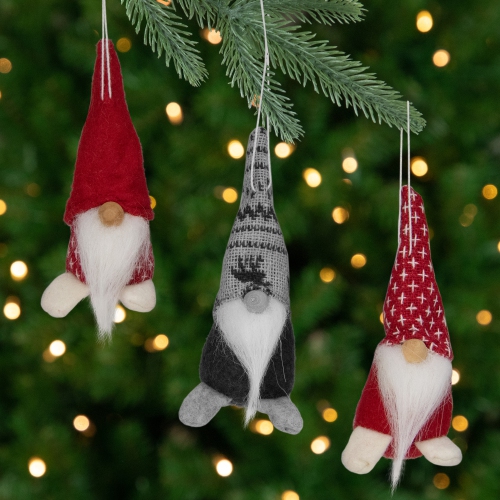 Santa Gnome Christmas Ornament - 4.25" - Red and Green - Set of 3