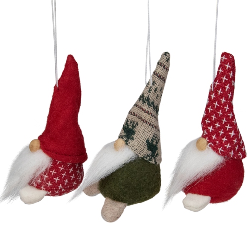 Santa Gnome Christmas Ornament - 4.25" - Red and Green - Set of 3
