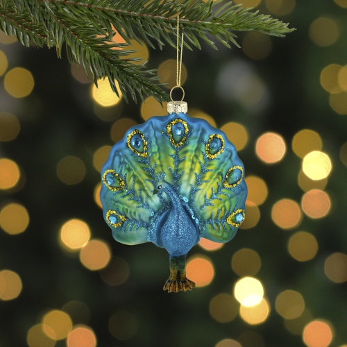 Standing Glittered Peacock Glass Christmas Ornament - 4.5" - Blue and Green