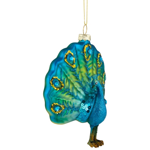 Standing Glittered Peacock Glass Christmas Ornament - 4.5" - Blue and Green