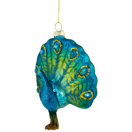 Standing Glittered Peacock Glass Christmas Ornament - 4.5" - Blue and Green