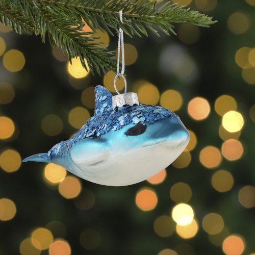 Dolphin Glittered Glass Christmas Hanging Ornament - 4.75" - Sea Blue and White