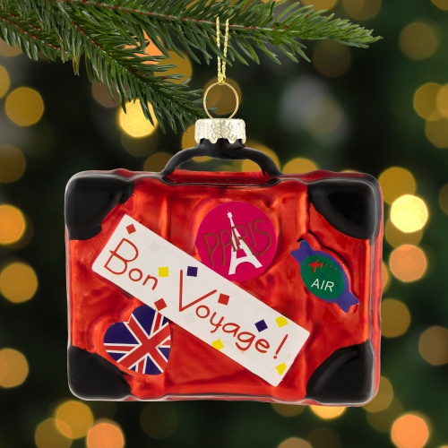 3.25" Shiny Red Bon Voyage Travel Suitcase Glass Christmas Hanging Ornament