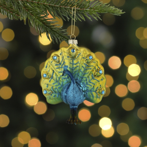 Standing Glittered Peacock Glass Christmas Ornament - 4.75" - Yellow and Blue