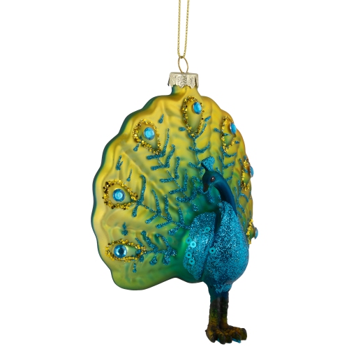 Standing Glittered Peacock Glass Christmas Ornament - 4.75" - Yellow and Blue