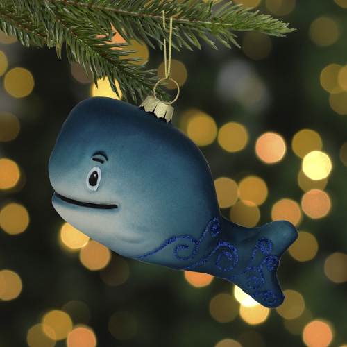 Glittered Whale Glass Christmas Ornament - 4" - Teal Blue