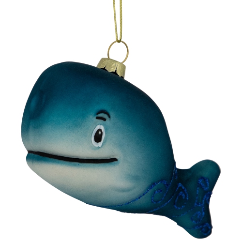 Glittered Whale Glass Christmas Ornament - 4" - Teal Blue