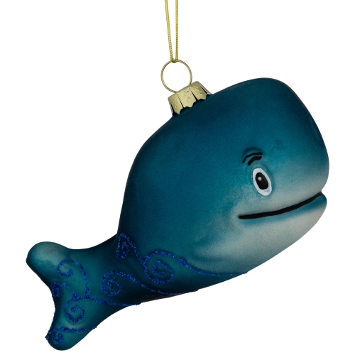 Glittered Whale Glass Christmas Ornament - 4" - Teal Blue
