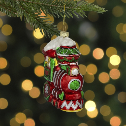 Glittered Train Christmas Glass Hanging Ornament - 4.5" - Red and Green