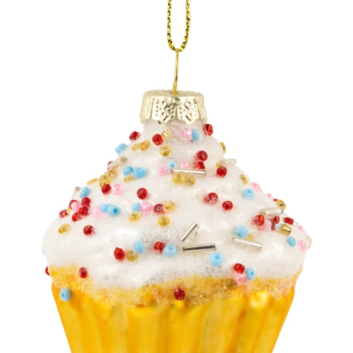 3" White and Golden Cupcake Glass Christmas Hanging Ornament