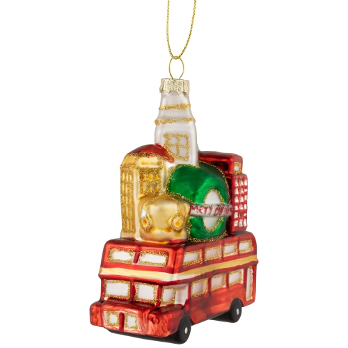 Merry Christmas Double Decker Tour Bus Glass Ornament - 4.5" - Gold and Red
