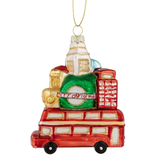 Merry Christmas Double Decker Tour Bus Glass Ornament - 4.5" - Gold and Red