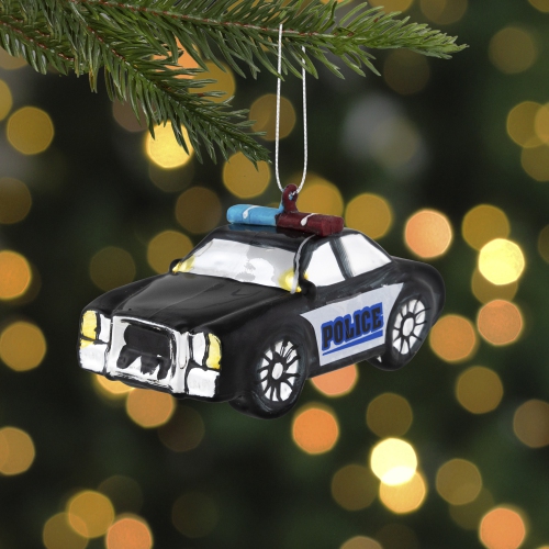 5" Black Police Car Glass Christmas Ornament