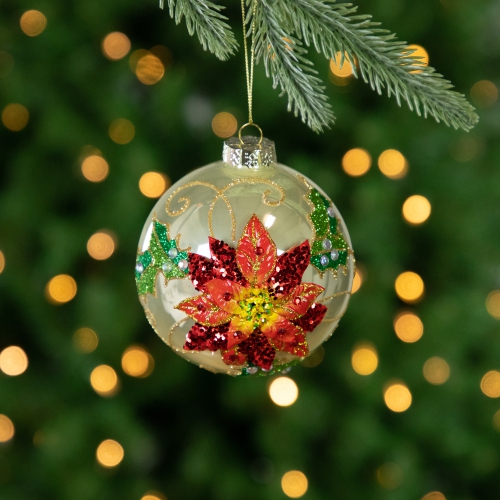 Sequin 2-D Poinsettia Christmas Glass Ball Ornament - 4" - Gold and Red
