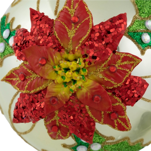 Sequin 2-D Poinsettia Christmas Glass Ball Ornament - 4" - Gold and Red