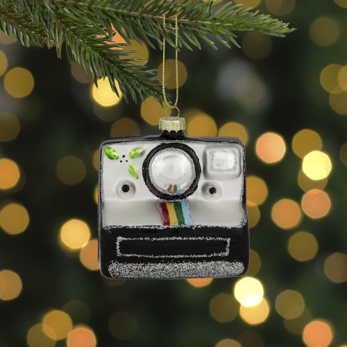 3" Black and Silver Retro Instant Camera Glass Christmas Ornament