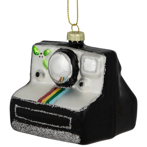 3" Black and Silver Retro Instant Camera Glass Christmas Ornament