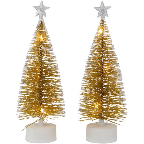 LED Lighted Mini Bottle Brush Pine Christmas Village Trees - Gold Finish - Set of 2
