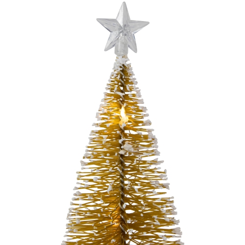 LED Lighted Mini Bottle Brush Pine Christmas Village Trees - Gold Finish - Set of 2