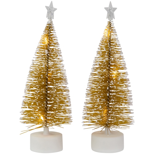LED Lighted Mini Bottle Brush Pine Christmas Village Trees - Gold Finish - Set of 2