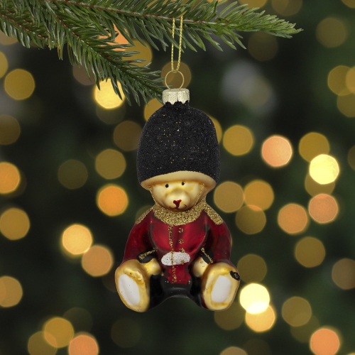 Glittered Teddy Bear Soldier Glass Christmas Hanging Ornament - 4" - Red and Black