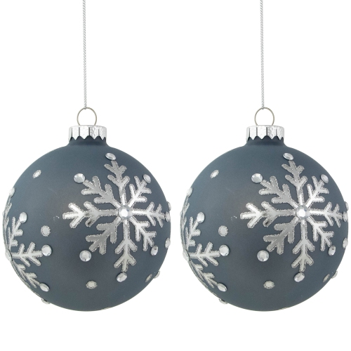 Glitter Mirrored Snowflakes Christmas Glass Ball Ornaments - 4" - Slate Blue - Set of 2