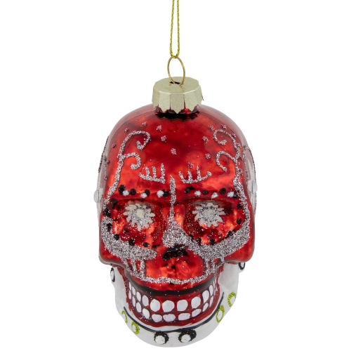 Day of the Dead Skull Head Glitter Glass Christmas Ornament - 3.5" - Red