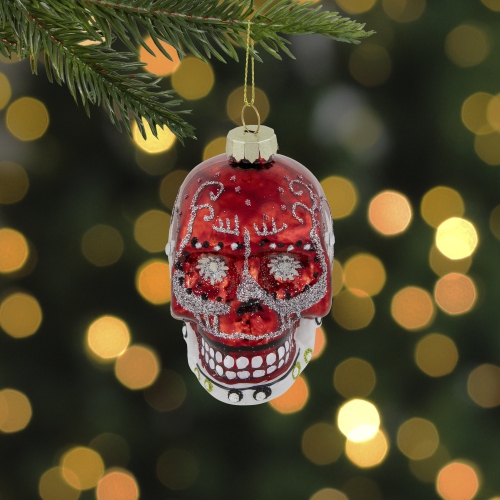 Day of the Dead Skull Head Glitter Glass Christmas Ornament - 3.5" - Red