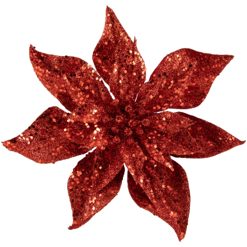 Artificial Glittered Poinsettia Christmas Floral Pick Clip-On Ornament - 9" - Red