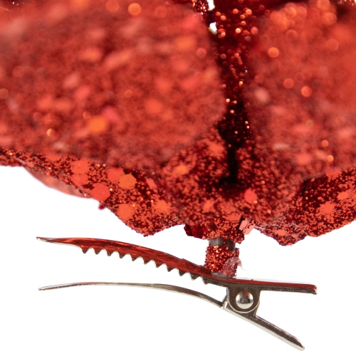Artificial Glittered Poinsettia Christmas Floral Pick Clip-On Ornament - 9" - Red
