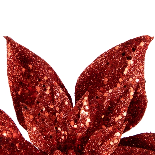 Artificial Glittered Poinsettia Christmas Floral Pick Clip-On Ornament - 9" - Red